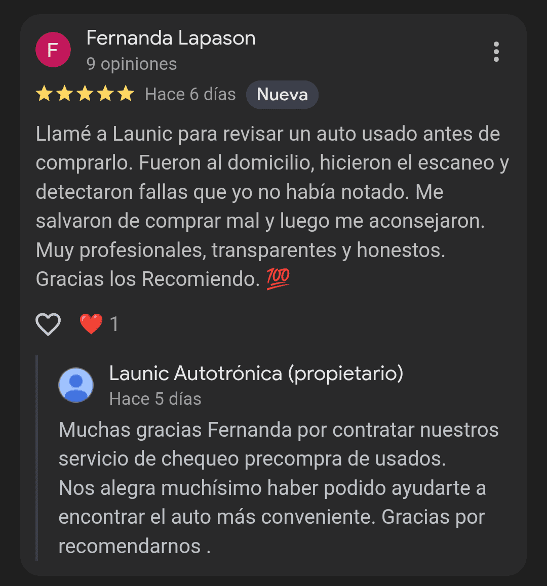 Cliente Fernanda Lapason agradece a Launic Autotrónica por chequeo precompra de auto usado a domicilio, con escaneo y diagnóstico transparente.