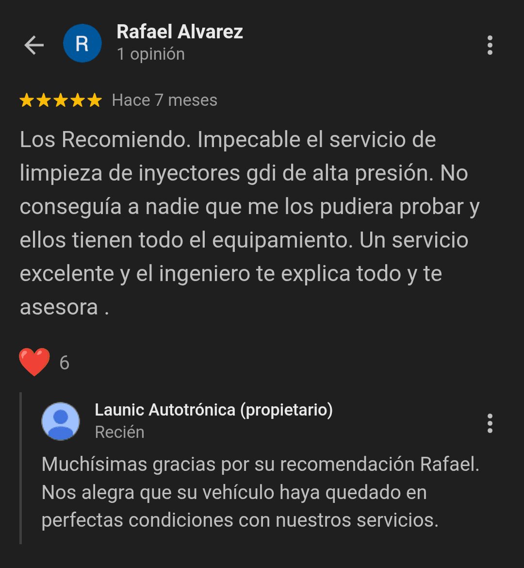 Cliente Rafael Álvarez recomienda Launic Autotrónica por limpieza de inyectores GDI de alta presión con equipamiento especializado en Mar del Plata.
