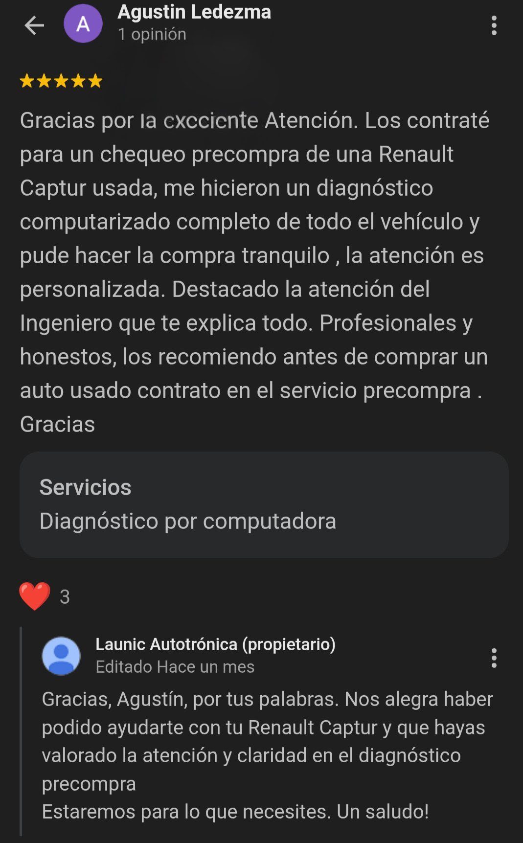 Cliente Agustín Ledezma recomienda Launic Autotrónica por diagnóstico computarizado precompra de Renault Captur usada en Mar del Plata